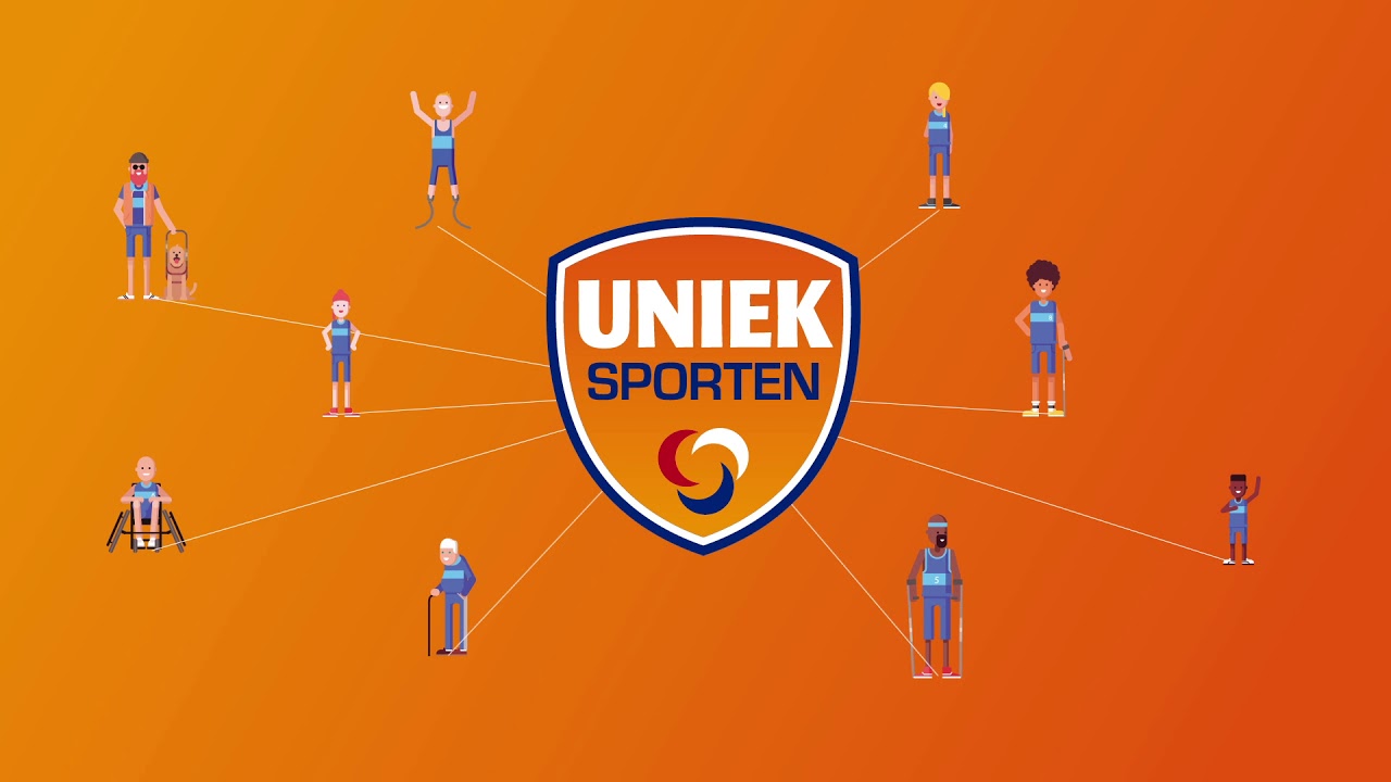 Logo Uniek Sporten op een oranje achtergrond, rond het logo zie je een netwerk van mensen met verschillende vormen van een beperking die aan het sporten zijn