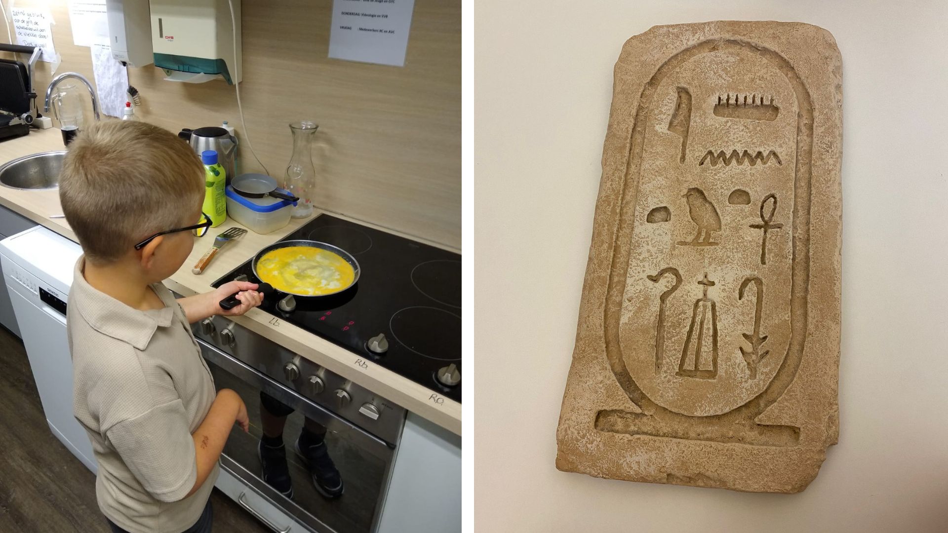Foto links: deelnemers revalidatieweek Den Haag bakt een ei op het fornuis. Foto rechts: stenen plaat met muurtekening in het Museum van Oudheden