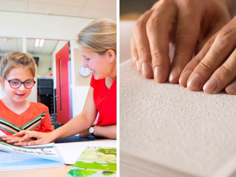 Leerling Bartiméus Onderwijs met leerkracht in klas bezig met braille lesboek (links, copyright Bartiméus Fonds) en braille lezen (rechts)