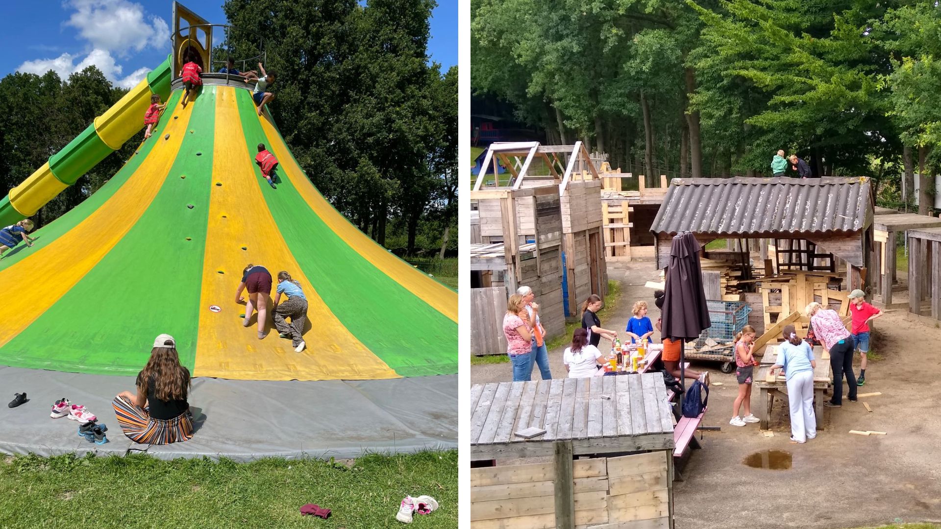 Foto links: kinderen spelen op een klauterbaan en glijbaan. Foto rechts: kinderen timmeren en zagen in het Spijkerdorp.