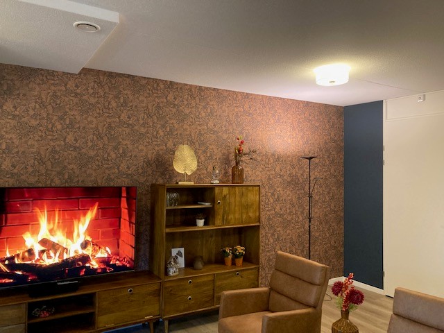 Een van de woonkamers van de Irishof met zichtbaar de plafondarmaturen die dimbaar zijn en daardoor goed aan te passen zijn aan het tijdstip van de dag en de activiteit die er op dat moment plaatsvindt Een van de woonkamers van de Irishof met zichtbaar de plafondarmaturen die dimbaar zijn en daardoor goed aan te passen zijn aan het tijdstip van de dag en de activiteit die er op dat moment plaatsvindt